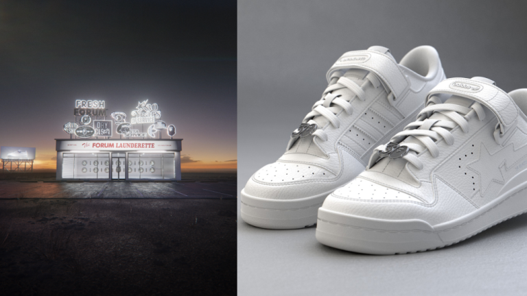 adidas x bape nft sneaker collaboration pictures depicting the Forum 84 BAPE® Low Triple-White sneakers